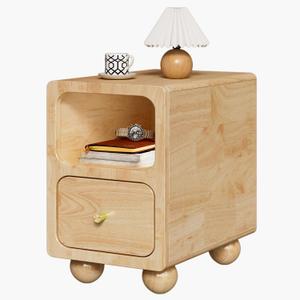 11.7” Small Narrow Nightstand, Solid Wood Nightstand with Drawers, Natural Mid Century Modern Nightstand, Small Beside Table with Open Storage Shelf for Bedroom, 11.7*15*18.5 Inch