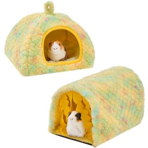 Avont 2 Pack Guinea Pig Hideout Bed and Tunnel Toys Set with Curtain, Washable Soft Plush Bunny Hideaway House Tube Cage Accessories for Small Animal Pet, Rabbits Chinchilla Hamster Ferret Rat -Yellow