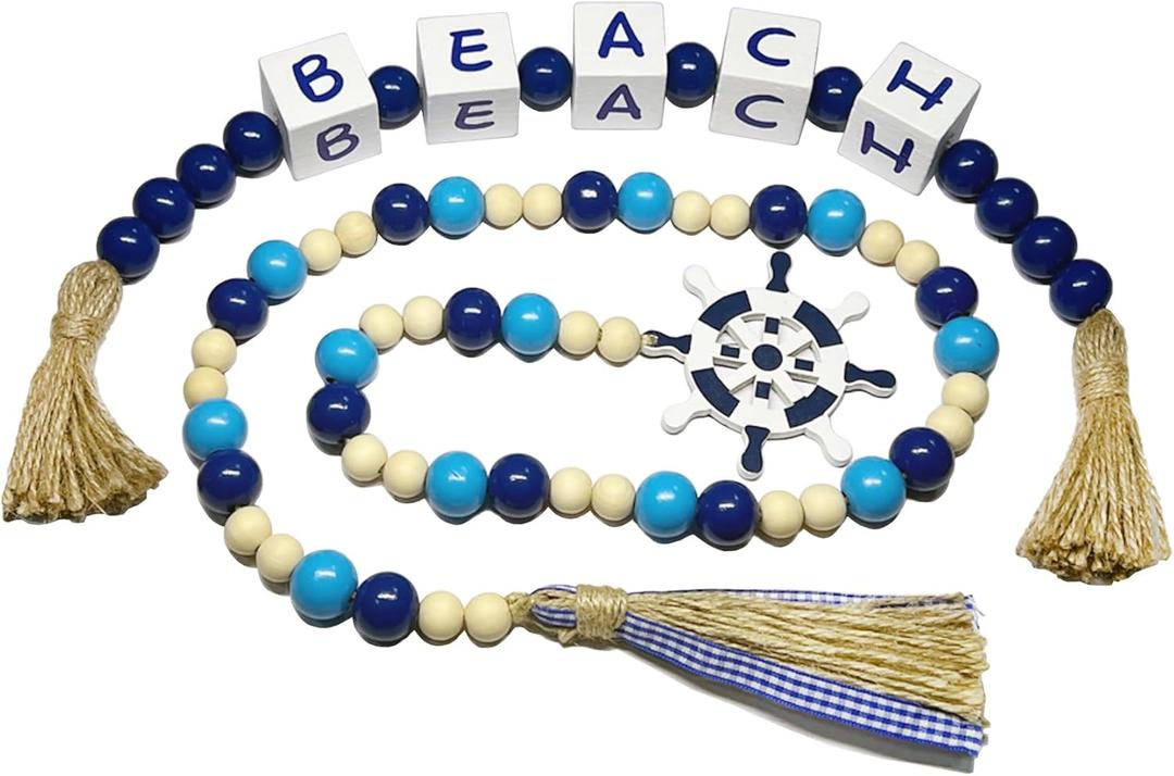 Farmhouse Wooden Letter Block Sign and Boho Tassel Bead Garland Beach Lake House Decor for Bathroom, 2-Pcs Set Blue Bead Garland with Tassels Home Decoration