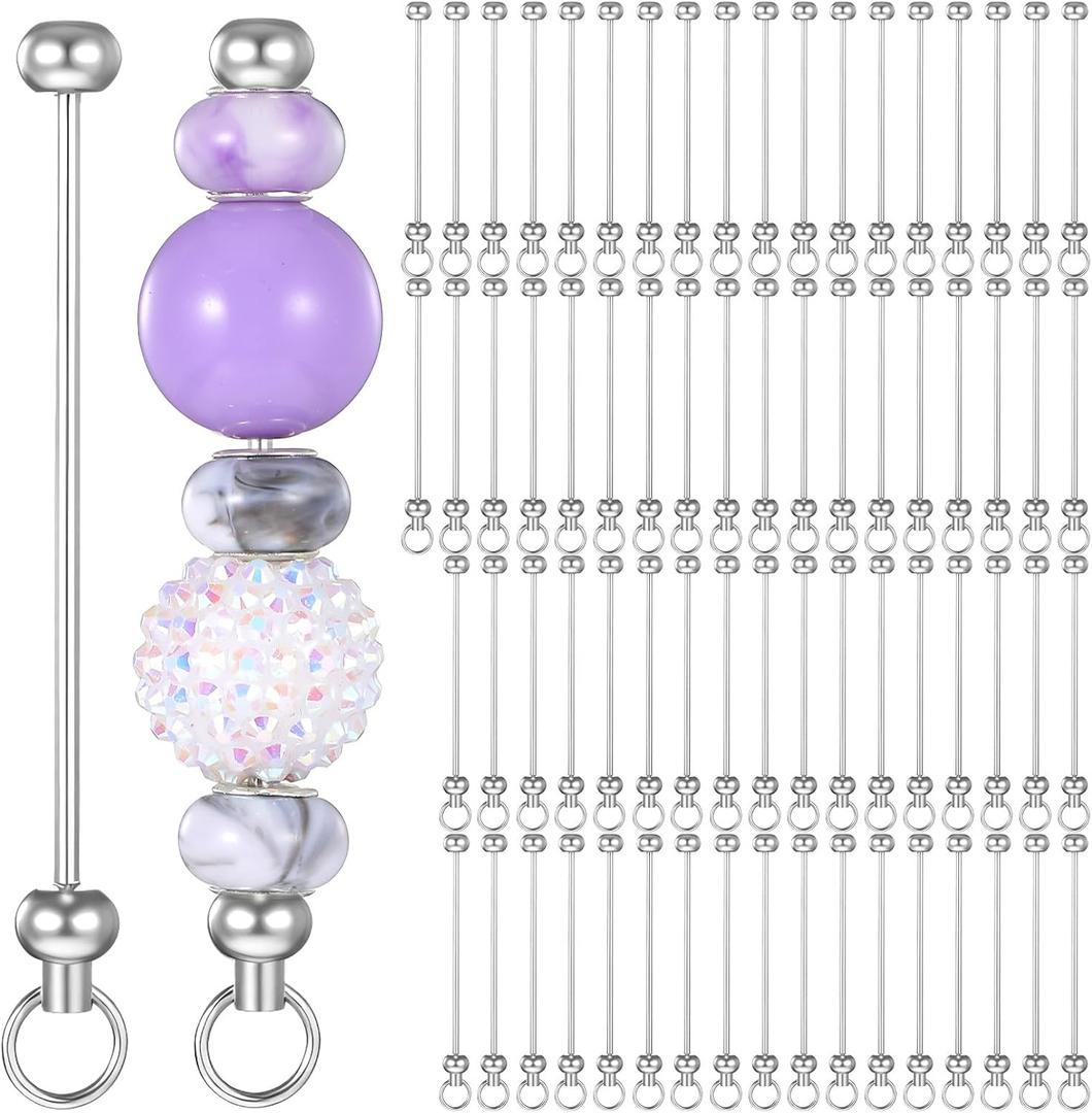 70 Pcs Blank Beadable Keychain Bars Metal Silver DIY Focal Bead Keychain Bar Charms Blank Jewelry Making Accessories Pendant Making Kit for DIY Gift Craft Item Project