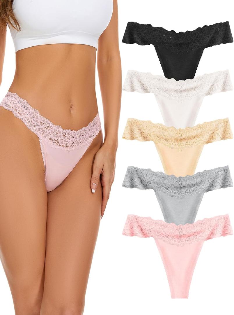 voenxe Seamless Thong for Women,No Show Lace Underwear,Ladies Breathable Comfort Panties Soft Laser Cut Undies,Tanga,5-Pack (Small, Basic)