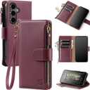 Compatible with Samsung Galaxy S24 FE 5G Wallet Case with Card Holder,Women Men RFID Blocking PU Leather Phone Case Flip Protective Cover Wrist Strap Zipper Credit Card Slots,Wine Red