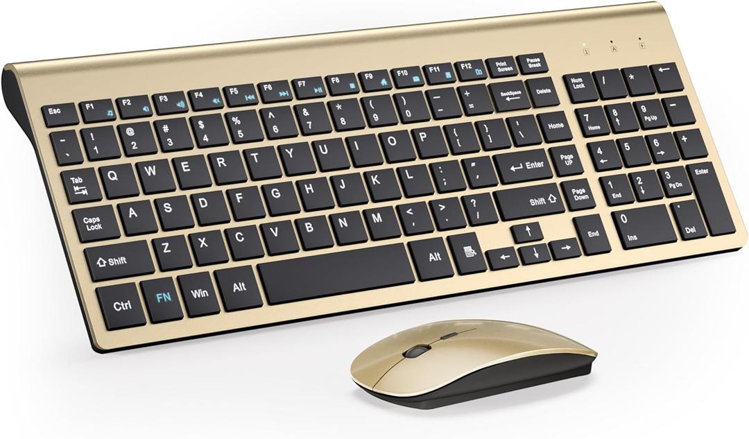 Wireless Keyboard and Mouse Ultra Slim Combo, TopMate 2.4G Silent Compact USB 2400DPI Mouse and Scissor Switch Keyboard Set with Cover, Batteries Included, for PC/Laptop/Windows/Mac - Gold Black