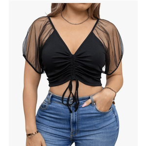 Floerns Women's Plus Size Mesh Dolman Sleeve Tee Drawstring V Neck Crop Tops 4XL