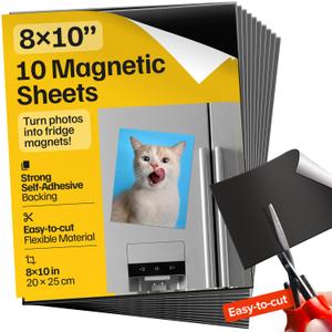 Strong Self-Stick Adhesive Magnetic Sheets 10 Pcs (8x10"/20x25cm)  Customizable Magnetic Paper for Photo, Magnet Stickers, Labels, Crafts; for Fridge, Lockers, Whiteboards, Office, Projects