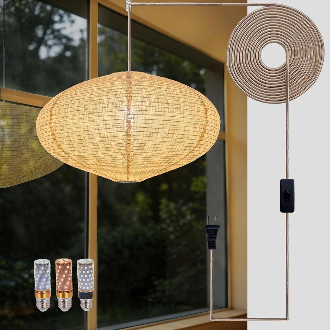 Plug in Linen Pendant Light with 16.4FT Woven Rope Cord E26 LED Bulb, Oblate 20 Inch Paper Lantern Plug in Alternative, Atmosphere Lighting for Living rRoms, Bedrooms and Dining Tables, Medium