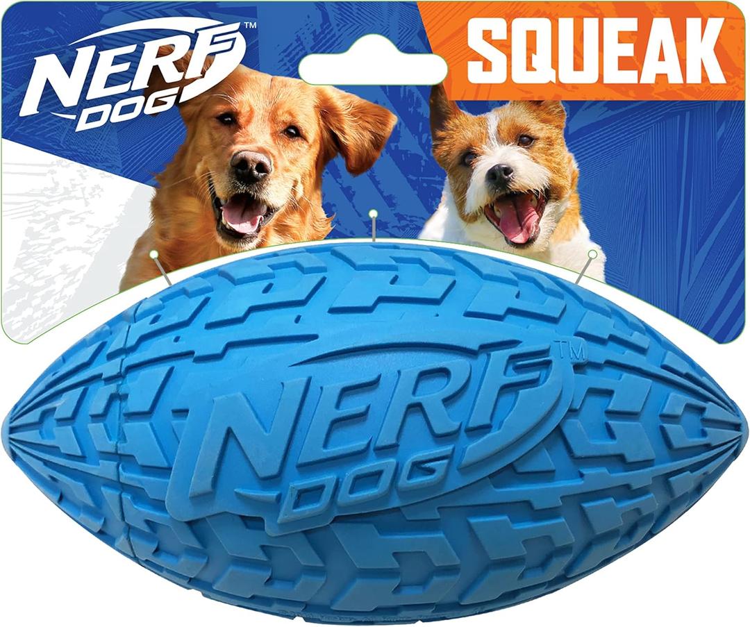 Nerf Dog Tire Squeak Football Outdoor Dog Toy, 6 Inch Dog Football Squeaking Toy for Medium and Large Breeds, Blue