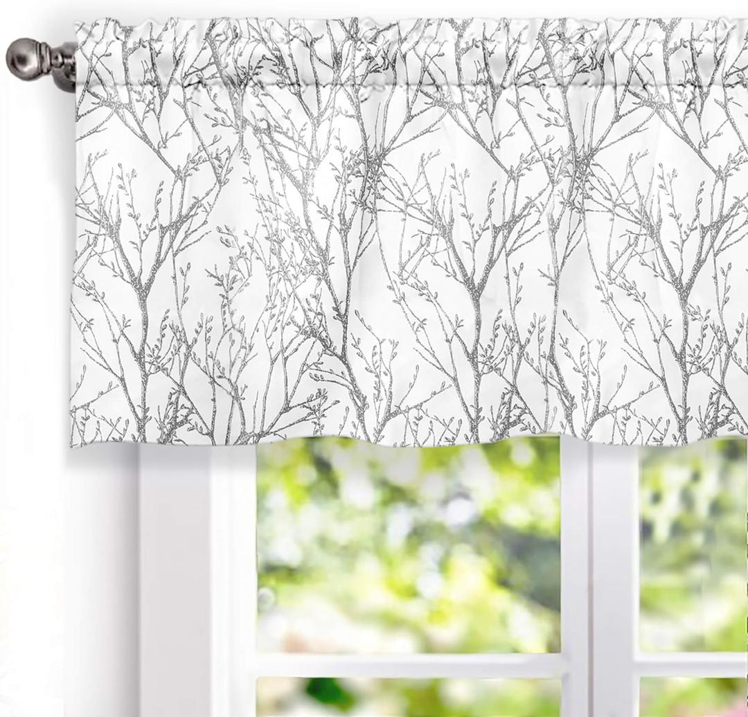 DriftAway Tree Branch Lined Valance Double Layer Blackout Thermal Insulated Abstract Ink Printing Window Curtain Valance Rod Pocket 52 Inch by 18 Inch Plus 2 Inch Header Silver Gray 1 Pack