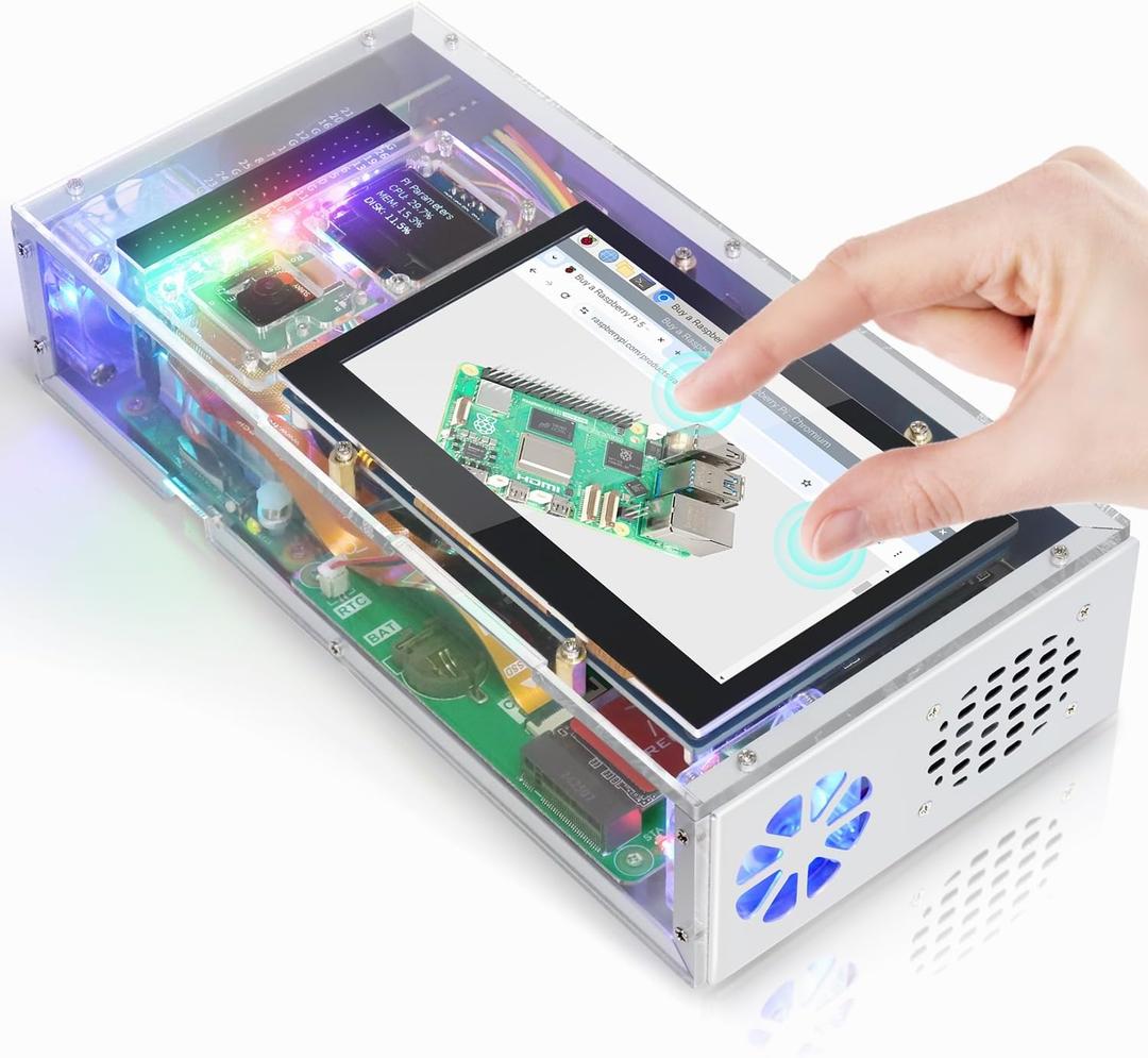 FREENOVE Raspberry Pi 5 Case with Screen (4.3'' Touchscreen), 128GB M.2 NVMe SSD 800 MB/s, 5 MP Camera, OLED Screen, Stereo Speakers, 3.5 mm and Optical Audio (S/PDIF)