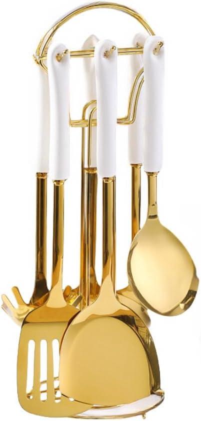 Ceramic Handle Stainless Steel Kitchenware Cooking Utensils 7 Pcs with Hanging Shelf Anti Scalding Cooking Sets Light Luxury Kitchenware Sets (White)