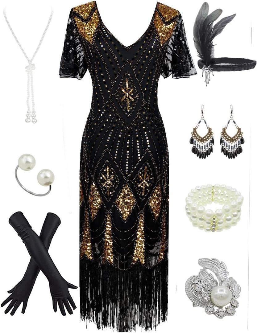 Women's 1920s Gatsby Inspired Sequin Beads Long Fringe Flapper Dress w/Accessories Set (3X-Large, Black&gold)