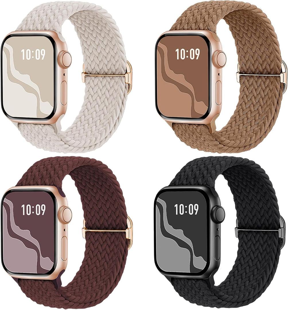 Braided Stretchy Solo Loop Compatible for Apple Watch Band 38mm 40mm 41mm 42mm 44mm 45mm 46mm 49mm for Women Men, Nylon Elastic Straps Wristbands for iWatch Series 11/10 9 8 7 6 5 4 3 SE/Ultra 3 2 1 (Black/Starlight/DarkWine/Brown)