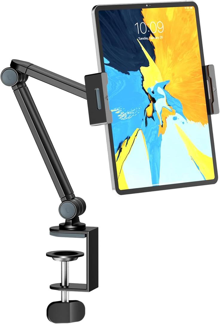Tablet Stand Holder for Desk, Portable Phone Tablet Holder for ipad with 360 Rotation,Adjustable Arm Clamp Mount Compatible with 4.7"-12.9" iPad, iPhone, Kindle, Black