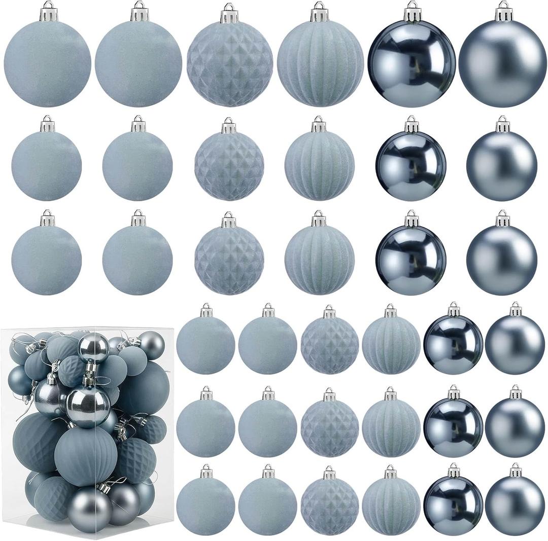 Soulchen 42 Pcs Velvet Christmas Ornaments Set Flocked Dusty Blue Christmas Ball Ornaments Hanging Shatterproof Xmas Ball Decor with 5 Styles in 3 Sizes for Xmas Tree Holiday Indoor Outdoor Home Decor