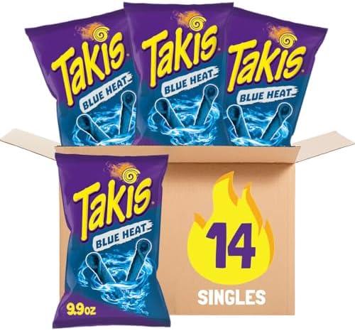 Takis Blue Heat Rolled Tortilla Chips, Hot Chili Pepper Flavored, Multipack Box with 14 Bags of 9.9 Ounces, Exp 02/26