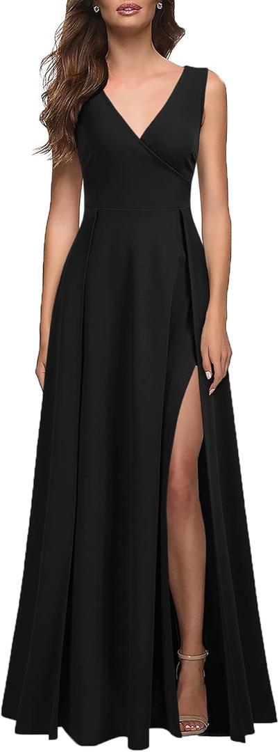 MUSHARE Women's V Neck Sleeveless Split Formal Dress Cocktail Party Prom Long Dresses (X-Large, Black)