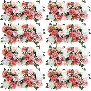 8 Pcs Wedding Arch Artificial Flower Panels Centerpieces for Tables Faux Floral Rose Silk Roses Arrangements Flower for Wedding Wall Party Dinintable Centerpiece Decoration (Pink and White)