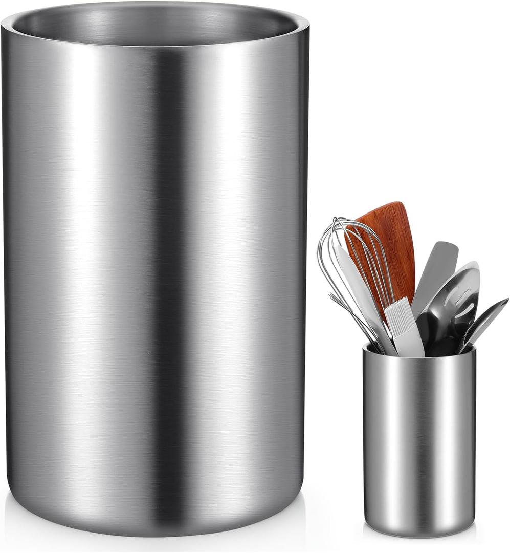 Exclaith Cooking Utensil Holder for Kitchen Counter 4.7 x 7.5 inch Stainless Steel Sleek Kitchen Utensil Holder for Countertop Spatula Spoon Caddy Organizer, Silver