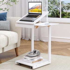OtterOasis C Shaped End Table, Rolling Side Table with 4-Way Convertible Desktop, Wooden C Table with Multi-functional Folding Tray & Lockable Wheels, Side Table for Couch, Living Room, Bedroom, White
