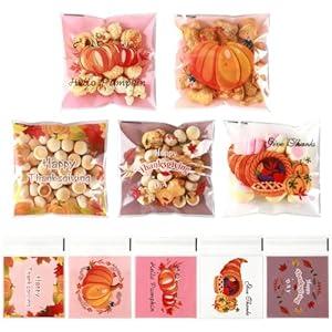 Fall Thanksgiving Cellophane Treat Bags, 100 Pcs Self Adhesive Thanksgiving Gift Cookie Bags, Plastic Pumpkin Candy Snack Goodie Ziplock Bag Bulk for Fall Thanksgivings Autumn Party Favors Supplies