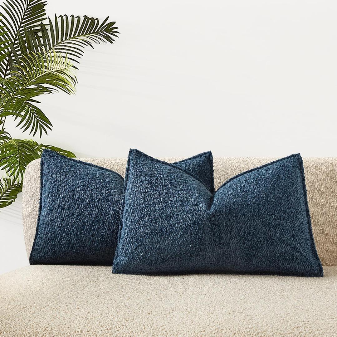 JUSPURBET Blue Decorative Pillow Covers 12x20 Set of 2 Throw Pillow Covers for Couch Sofa Bed Cozy Boucle Textured Lumbar Cushion Covers Cases with Hidden Zipper for Living Room Home Decor