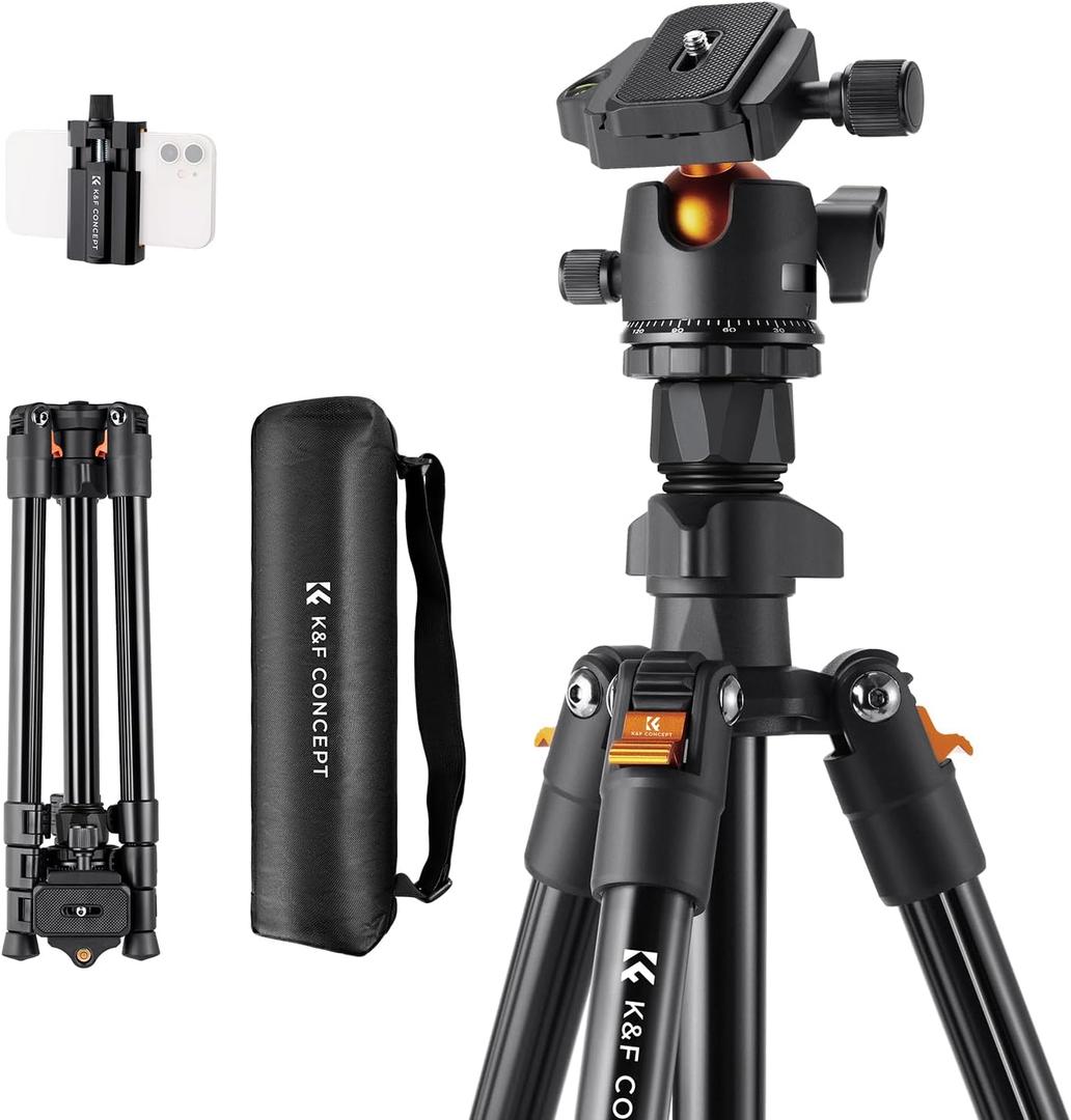 K&F Concept 64 inch/163cm Lightweight Aluminum Travel Camera Tripod&F Concept 64 inch/163cm Lightweight Aluminum Travel Camera Tripod Compact and Portable, 360° Ball Head, Load Capacity 17.6lbs, DSLR Photography and Smartphone Live Streaming Vlog O234A1+BH-36