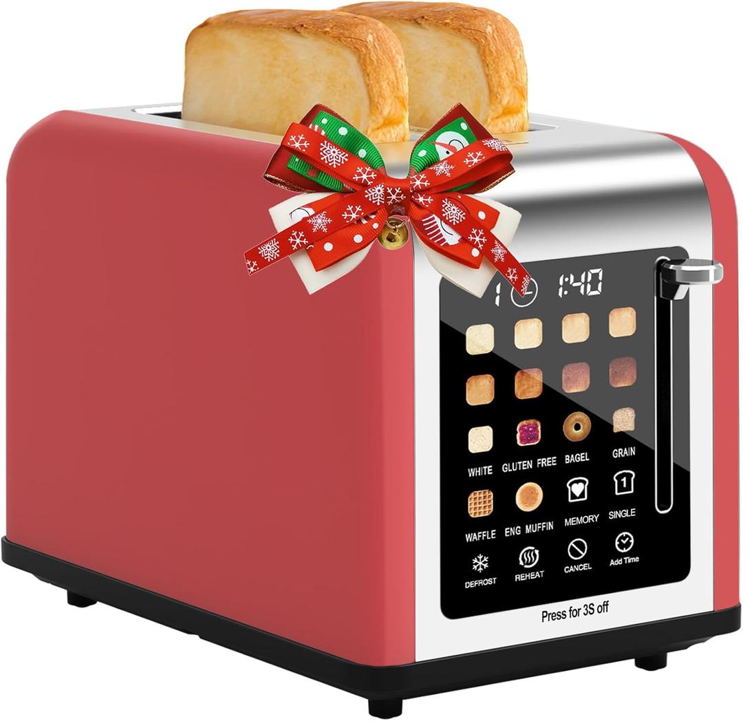 2 Slice Toaster Touch Screen, Stainless Steel Toasters Digital Timer 2 Slot Toasters, 8 Shade Settings 6 Bread Types for Bagel, Cancel, Defrost (Red)