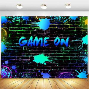 Withu Neon Game On Backdrop Glow Gamepad Brick Wall Video Games Level Up Gaming Party Decorations Banner Gamer Birthday Gamer Night Banner 7x5ft, Blue