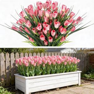 XunYee 100 Pcs Artificial Tulips Fake Flowers Bulk Plastic Faux Tulip Stems 16 Inches Spring Flowers for Outdoor Garden Indoor Home Wedding Mother Day Office Table Centerpieces Vase Decor (Pink)