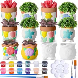 Hushee 12 Pcs Ceramic Succulent Planters White Ceramic Pots Paintable Succulent Plant Planters Containers Small DIY Figurines Unpainted Pots with Drainage Hole Paintbrushes Palettes(Flower)
