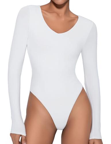 Avidlove Women's Bodysuit Double Lined Body Shaper Body suit Deep V Neck Bodysuits Snap Crotch Body Suits Casual(White, S)