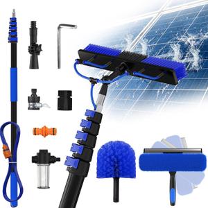 Buyplus 30FT Reach Solar Panel Cleaning Brush Kit with 5-24FT Telescoping Pole, Water Fed Window Cleaner Tool with 20" Brush, Soap Dispenser, Cobweb Duster, Squeegee for Roof, RV, Gutter, Deck,Blue