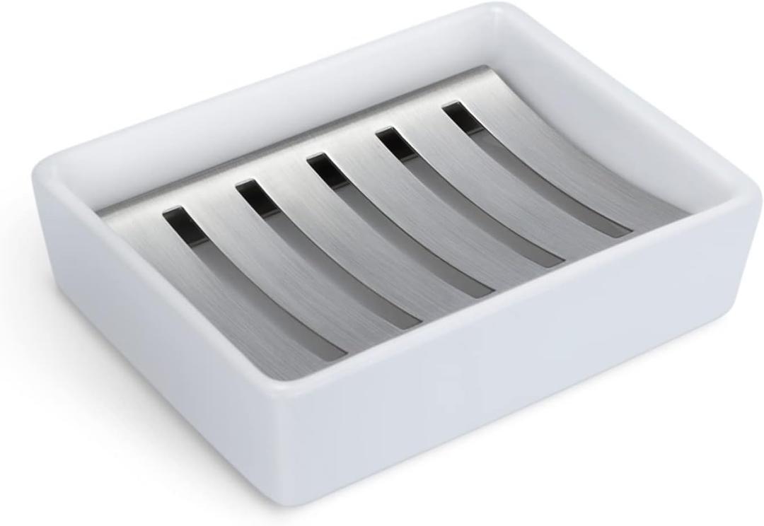 Soap Dish for Bar Soap, Bathroom Soap Holder for Shower, White Ceramic Soap Tray with Stainless Steel Draining Holder