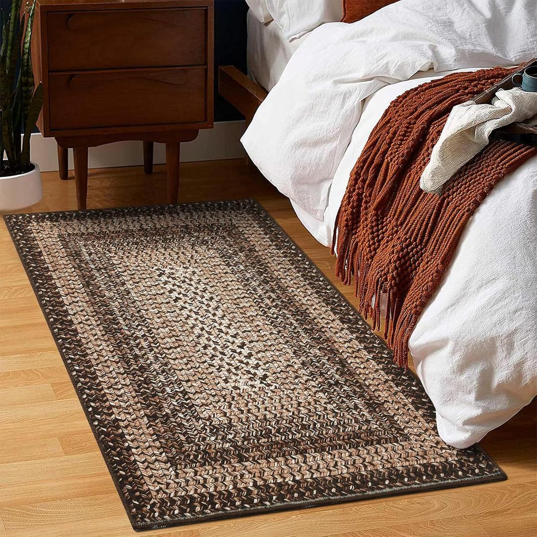 RUGSREAL 2x3 Entry Rug Small Bedroom Area Rug Braided Printed Mat for Living Room Farmhouse Kitchen Mat Indoor Non Slip Rustic Throw Carpet Machine Washable Rug for Sink Under Table, Brown