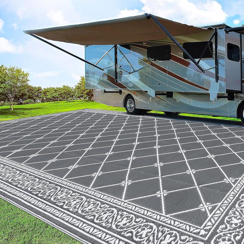 HiiARug Outdoor Rug 9'x18' for Patios Clearance, Reversible Outdoor Plastic Straw Waterproof Camping Carpet, Large Area Rugs Patio Mats for Outside RV, Camper, Deck, Porch, Beach, Picnic, Classic Grey