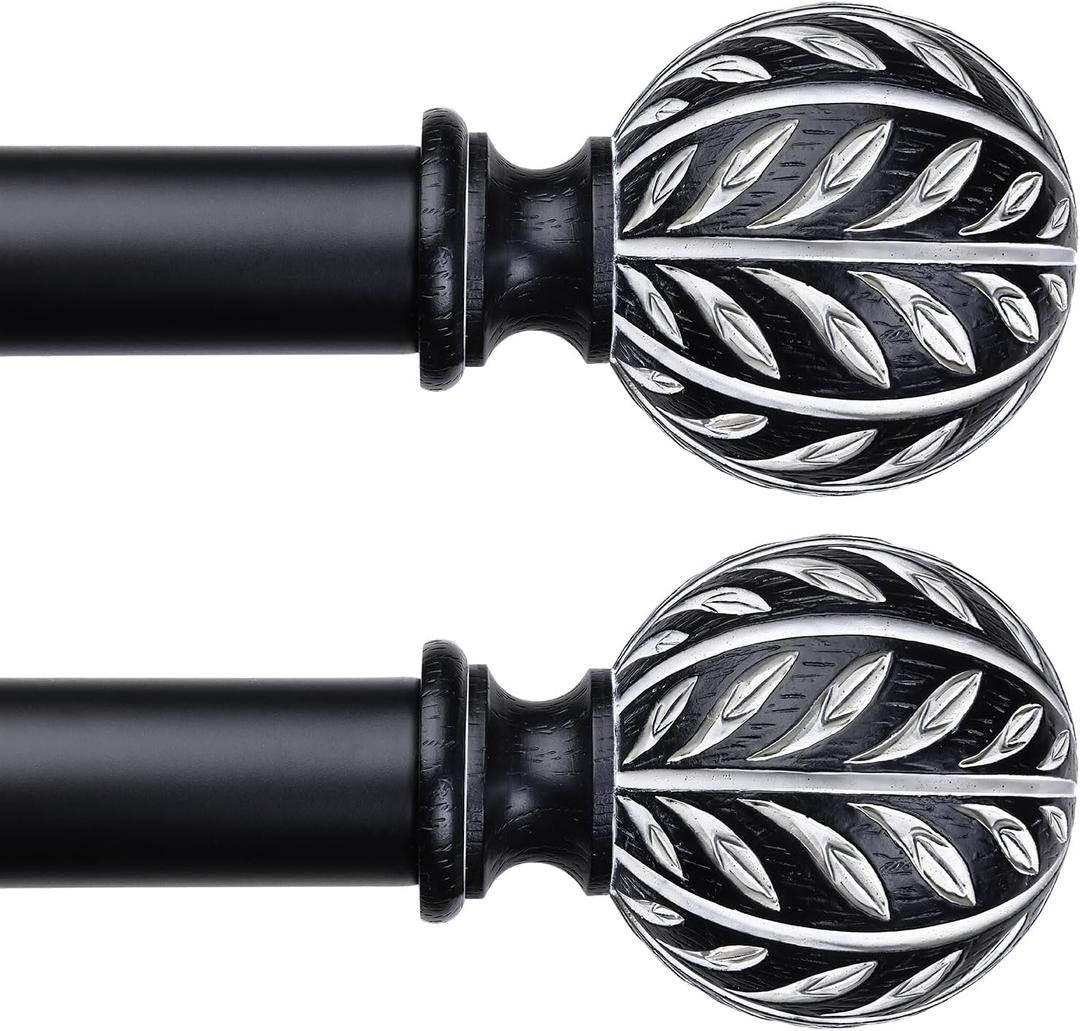 2 Pack Black Curtain Rod 36-60 Inch, Decorative Farmhouse Curtain Rods for Windows, 1 Inch Adjustable Heavy Duty Vintage Rustic Window Treatment Rods with Faux Wood Grain Leaf Finials