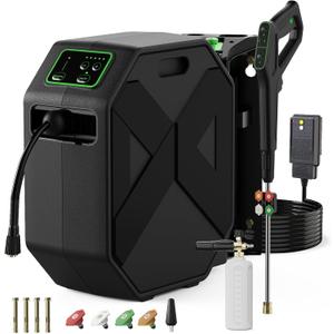 Buyplus Wall Mounted Pressure Washer, 5500PSI 3.8GPM Electric Power Washer, Remote Controlled with 100FT Retractable Hose, GFCI Power Cord, Foam Cannon, 5 Nozzles for Cars, Driveways, Patios, Black