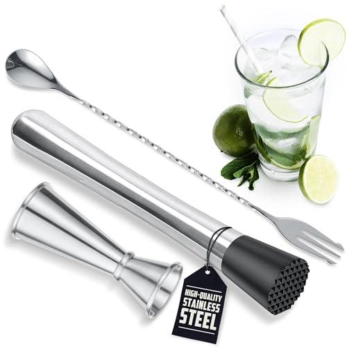 3 Pcs Muddler for Cocktails Set - Bar Muddler Tool with Sturdy Head, Versatile Cocktail Spoon & Jigger, Easy to Use & Clean, Stylish Rust-Resistant Stirring Tool - Bar Tools for Drinks Mixing