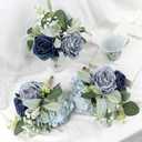 Artificial Bridesmaid Bouquets - Set of 4 Silk Rose Flowers Bouquet Wedding Rustic Small Floral Centerpieces for Marriage Proposal Party Anniversary Dining Table Decorations - Blue,7 Inch