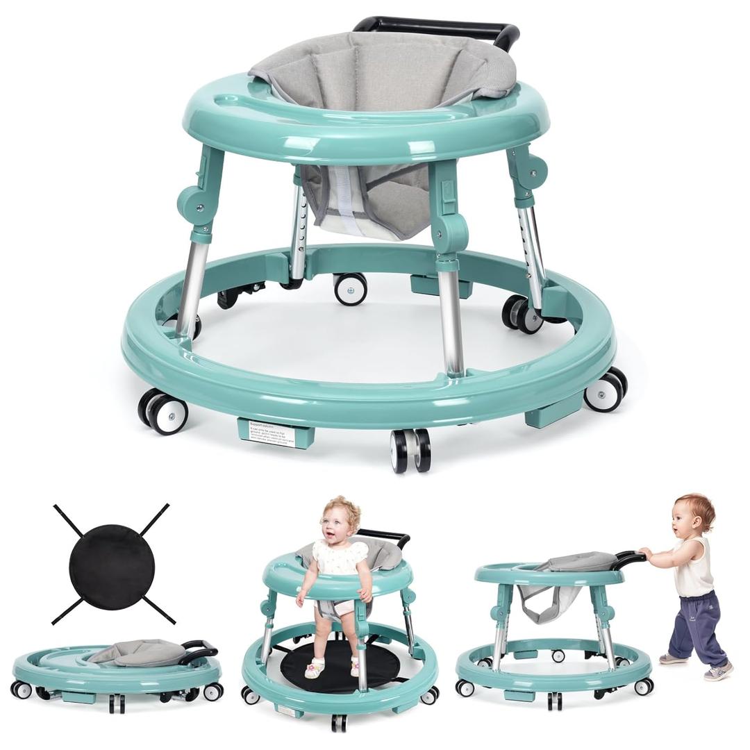 Baby Walker Foldable with 9 Adjustable Heights, Baby Walkers and Activity Center for Boys Girls Babies 7-18 Months, Baby Walker and Bouncer Combo with Wheels Portable Anti-Rollover(Green) (Green)