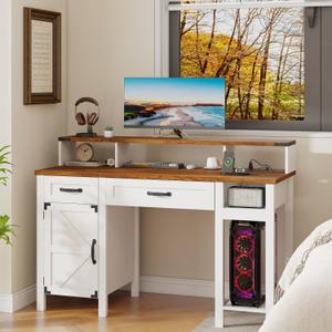 Vabches 55" Farmhouse Executive Desk with LED Lights and Power Outlets, Computer Desk with Drawers & Monitor Stand, Large Home Office Desk Storage Cabinet, Workspace for Study.