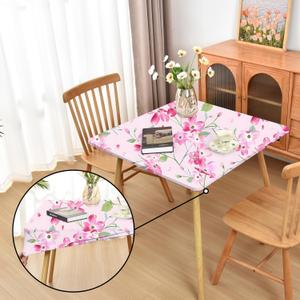 Spring Pink Flower Fitted Tablecloth with Elastic for 34x34 inch Square Folding Tables Washable Stretchy Spandex Card Table Covers Cloth Floral Fabric Table Cloths Not Vinyl