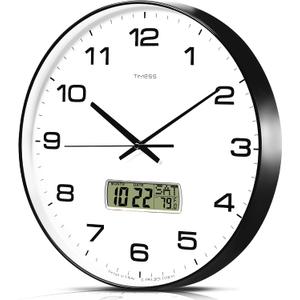 TIMESS Wall Clock, 14" Large Dial Non-Ticking Silent Battery Operated Analog with LCD Display for Perpetual Calendar and F° Temperature, Ideal Modern Home, Bedroom, Office Decor (Black)