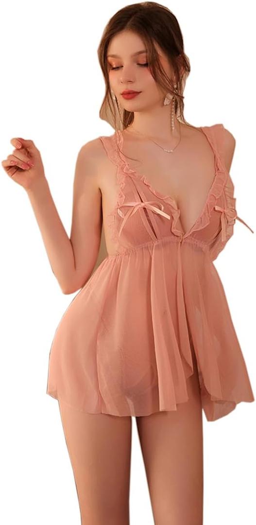 SINROYEE Women Lace Lingerie V Neck Nightwear Sexy Chemise Nightie Babydoll Mesh Nightgown Sleepwear (XL)