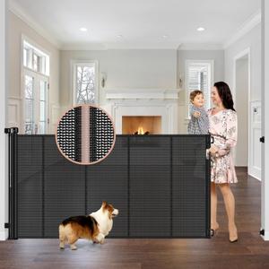 Reinforced 42" Tall x 75" Wide Retractable Baby Gate with Support Rods - Prevents Crawling Under Extra Tall Pet Gate Indoor Mesh Gate Outdoor Long Baby Gate Tall Dog Gates for Doorways, Black