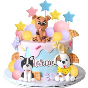Dog Cake Topper Clay Figurines - Puppy Star Yellow Pink Purple Ball Cake Topper for Dog Theme Birthday Cake Decorations (Style 01)