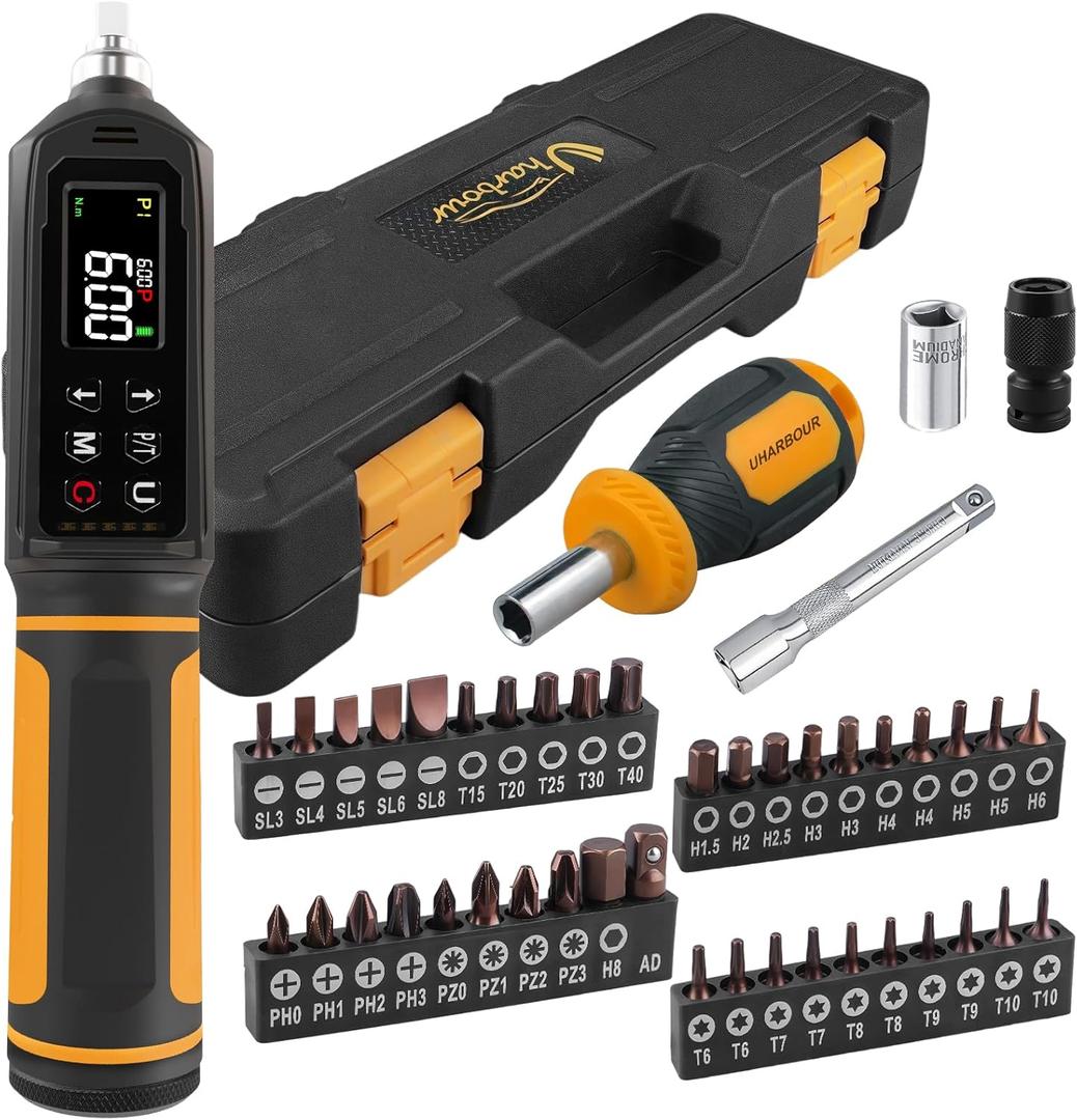 Digital Torque Screwdriver 0.09-6Nm, Torque Screwdriver Set with 1/4" Elastic Bit Holder, Extension Rod, Flat, Hex, Torx and Philips Bits, Suitable for Gunsmithing, DIY, Bicycle Maintenance