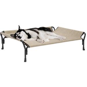 Veehoo Cooling Elevated Dog Bed, Raised Pet Cot with Guardrail & Slope Headrest, Durable Breathable Teslin Mesh, Non-Slip Feet, Washable Dog Couch Bed for Indoor & Outdoor, 47" x 32", Beige Coffee