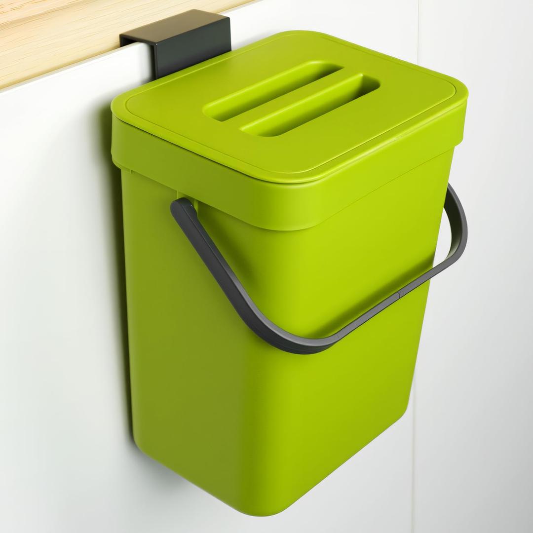 Kitchen Waste Bin with Hooks 5L, Indoor Kitchen Sealed Under Sink for Kitchen, Food Waste Bin for Countertop (Green)