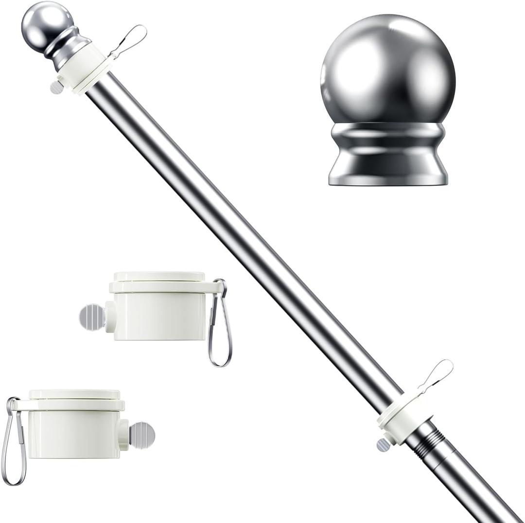 hogardeck 5 FT Silver Flag Pole, Tangle Free Spinning Stainless Steel Flagpole, Suitable for 3x5 Heavy Garden Flag 1" Dia Flag Pole for House, Wall-Mounted (Without Bracket)